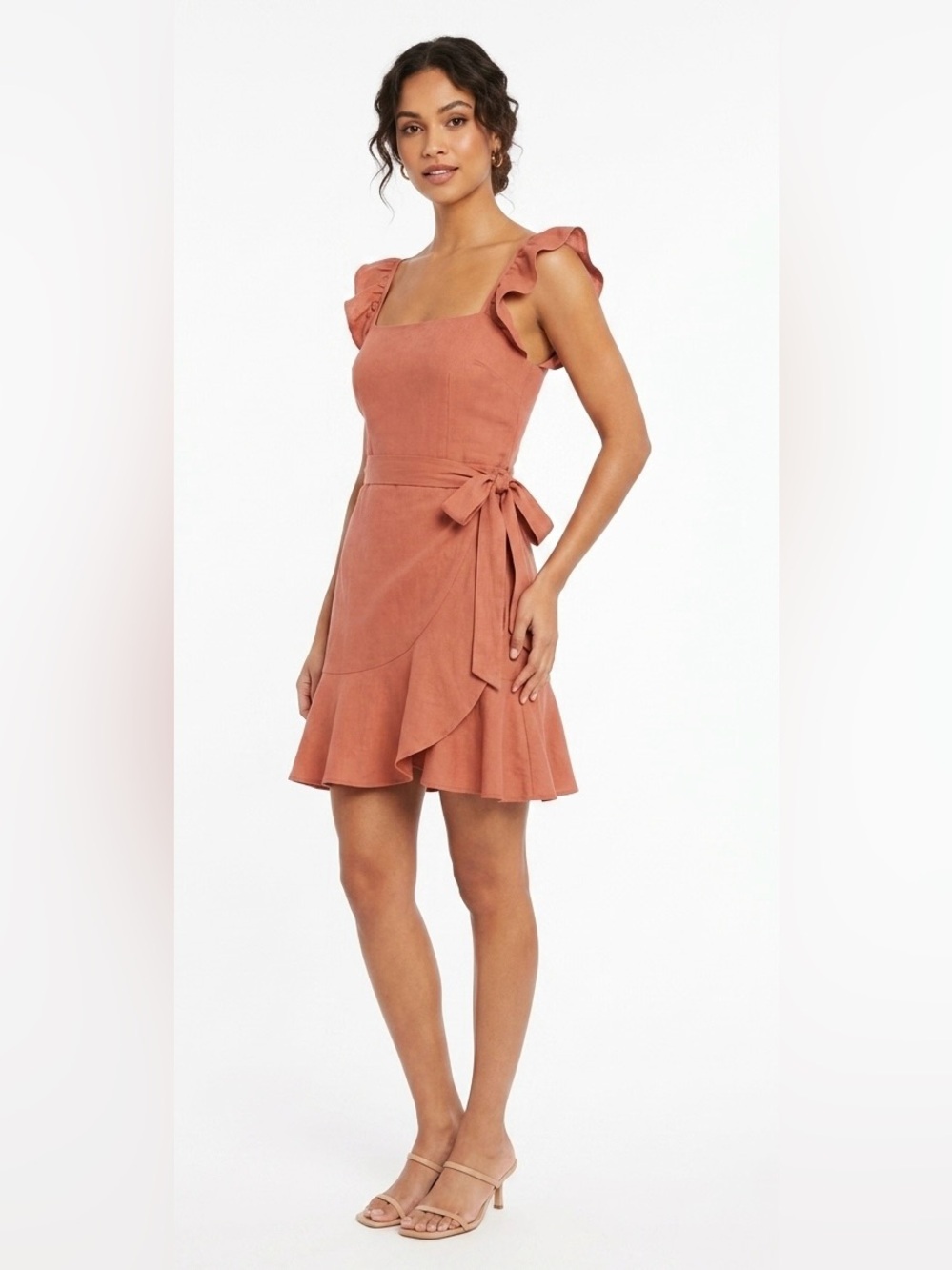 Trixxi Ruffle-Shoulder Wrap Tie Mini Dress - Terracotta